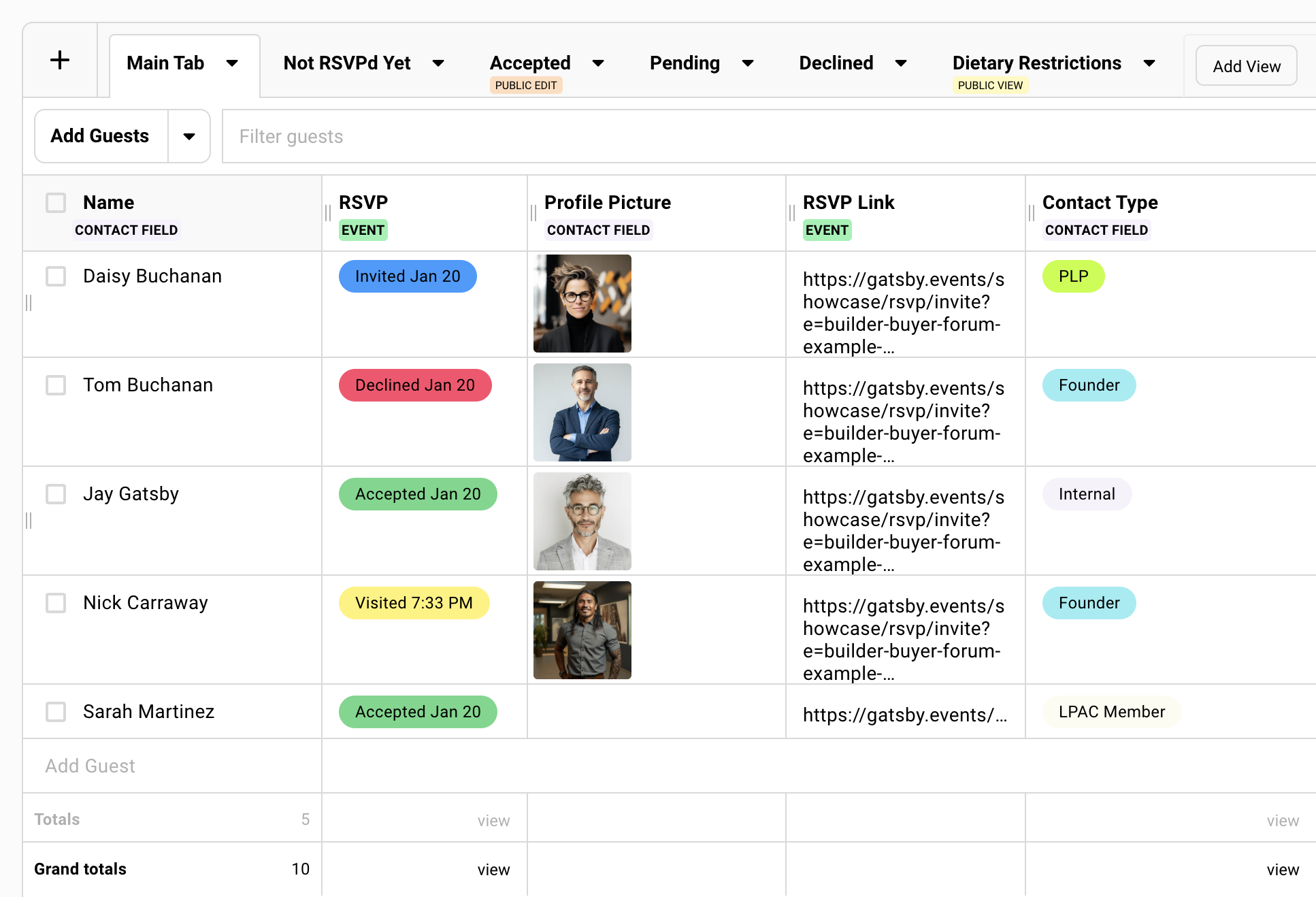 The screenshot from Gatsby shows a private events guest list with examples of different guests in their unique RSVP link.